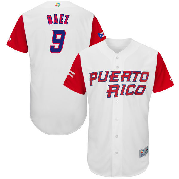 customized Men Puerto Rico Baseball #9 Javier Baez Majestic White 2017 World Baseball Classic Authentic Jersey->->MLB Jersey